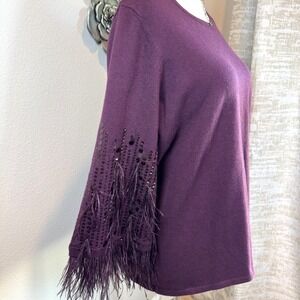 CHICO'S Feather Sequin Pullover Sweater XL Cashmere Blend Plum Statement Top